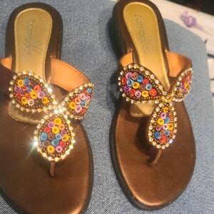 EUC Bamboo 54 Sandals colorful sequins with sparkly crystal outline.